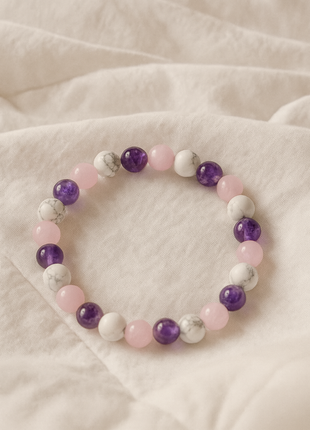 Bracelet en Cristal Rose ,blanc,violet-Douceur, équilibre émotionnel et sommeil