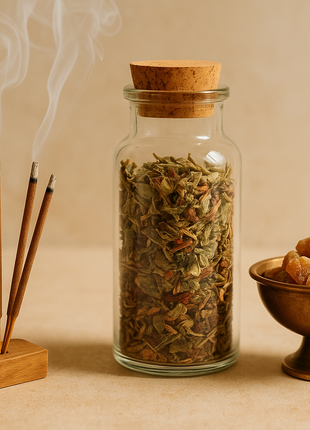 encens qui brule,fiole contenant plusieurs herbes,une coupelle avec du benjoin, image claire