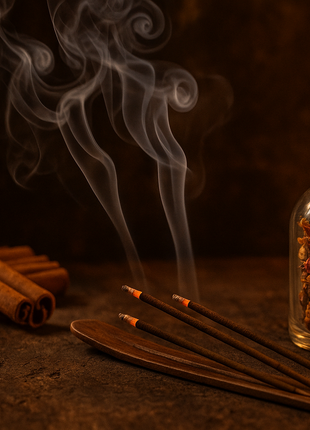 ensens qui fume baton de cannelle,une fiole contenant des herbes differentes