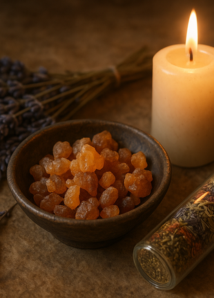 resine de myrrhe dans une coupelle,une bougie blanche,lavande sechee et fiole contenant plusieurs herbes differentes