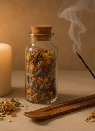 une bougie blanche,une fiole avec plusieurs herbes differentes dedans,un encens qui brule,image douce