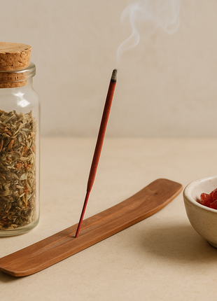 une fiole contenant plusieurs herbes differentes, un encens rouge qui fume posé sur un brule encens,une coupelle ave de l encens en resine rouge